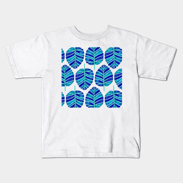 Blue Alocasia Pattern Kids T-Shirt by CatCoq